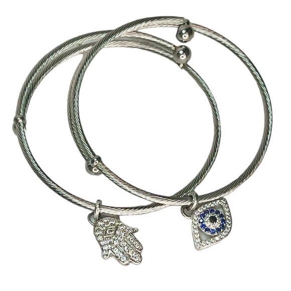Jewelry - Stainless Steel Adjustable Bracelet Set Evil Eye Hand of Fatima Hamsa Protection